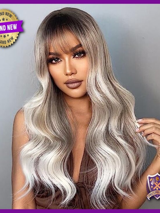 Long Wavy Layered Human Hair Wig with Bangs Heat Resistant Lightweight main image 6